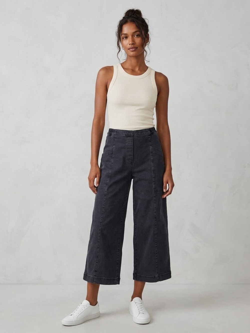 Lisa Bayne M Washed Black Denim Pull On Cropped Wide Leg Pants Grunge Artsy